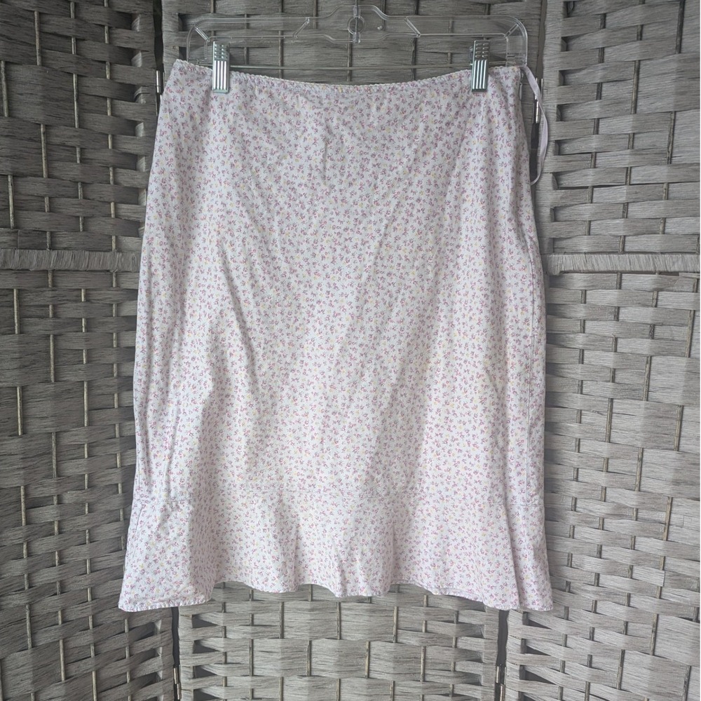 Vtg Ralph Lauren A-Line Skirt White Pink Floral Ruffle Hem Sz 8 Cotton Lined